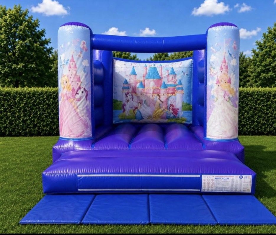 Blue and purple bouncy castle with princess, unicorn and fairy-tale castle artwork, on a lawn with safety mats